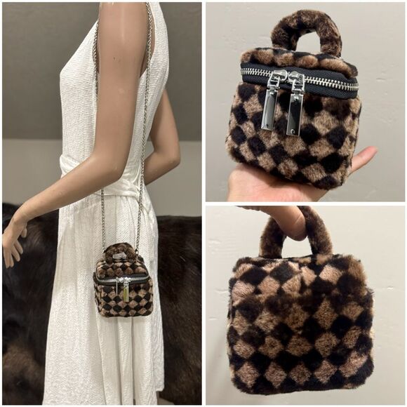 Checkerboard Real Shearling Leather Handmade Boxy Bag Set/Lamb Fur Crossbody Bag - Picture 14 of 16